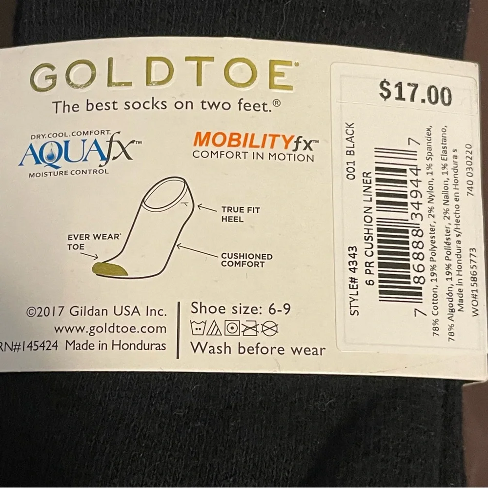 GoldToe Sport Black 6 Pairs Liner Cushioned Socks - sz 6-9